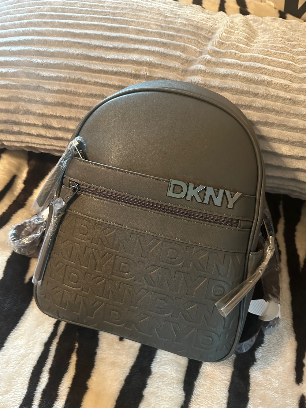 DKNY Gray Embossed Logo Mini Backpack